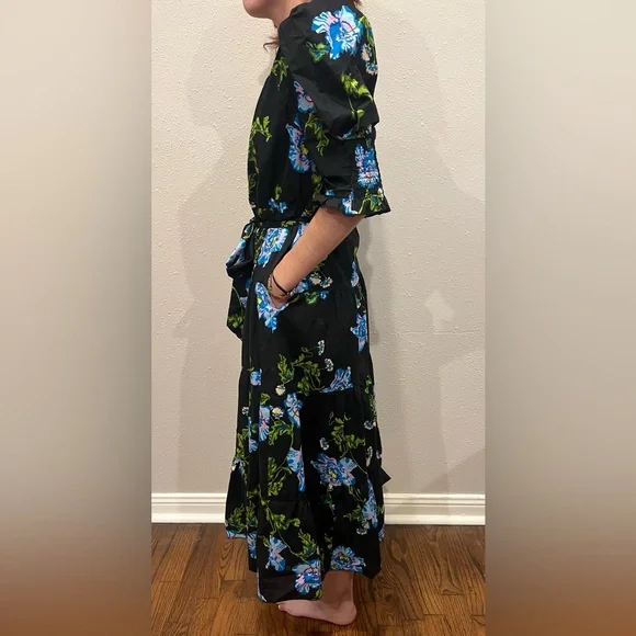 Diane Von Furstenberg | Deacon Floral Puff Sleeve Cotton Midi Dress Floral Black - Picture 4 of 15